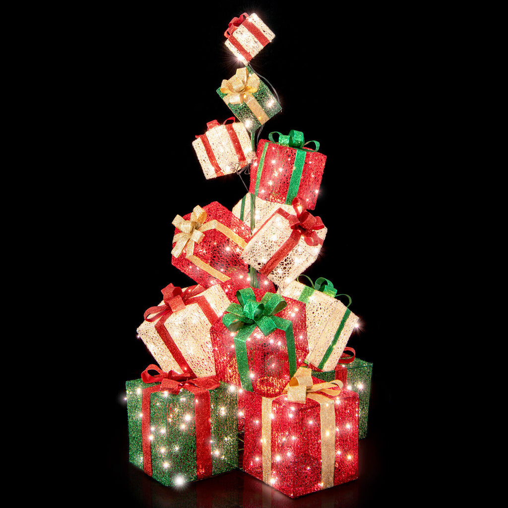 67" Stacked Gift Box Tower Decoration W/ 450 LED Lights For Christmas