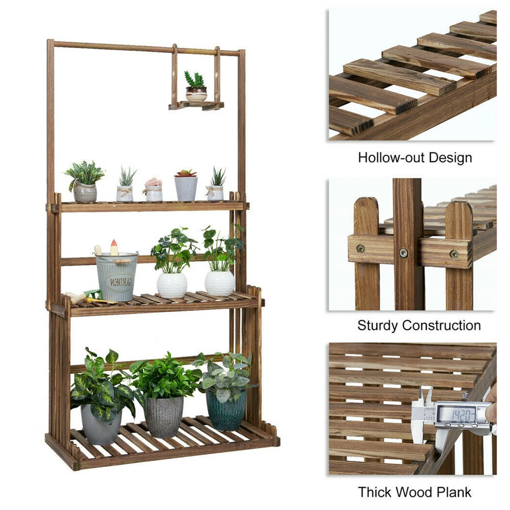 3-Tier Wooden Plant Stand with Hanging Bar for Garden Patio