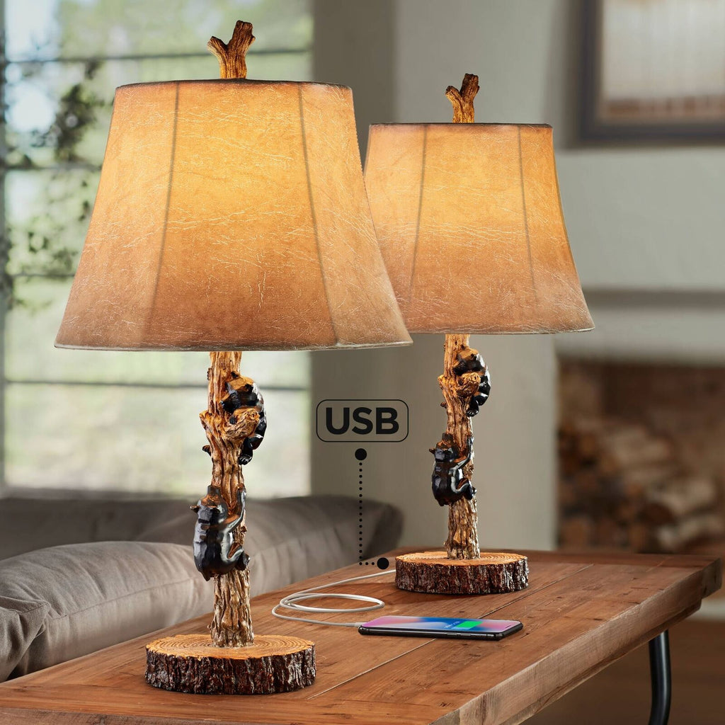 2 Pcs. Rustic Table Lamps W/ Climbing Bear Design & USB Charging Ports
