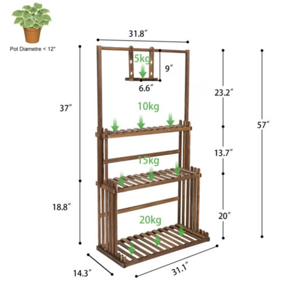 3-Tier Wooden Plant Stand with Hanging Bar for Garden Patio