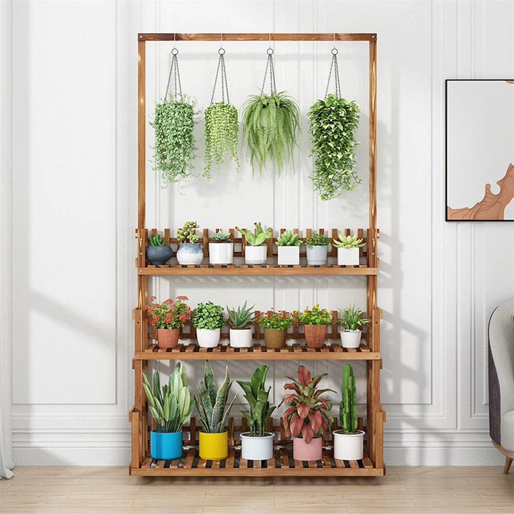3-Tier Wooden Plant Stand with Hanging Bar for Garden Patio