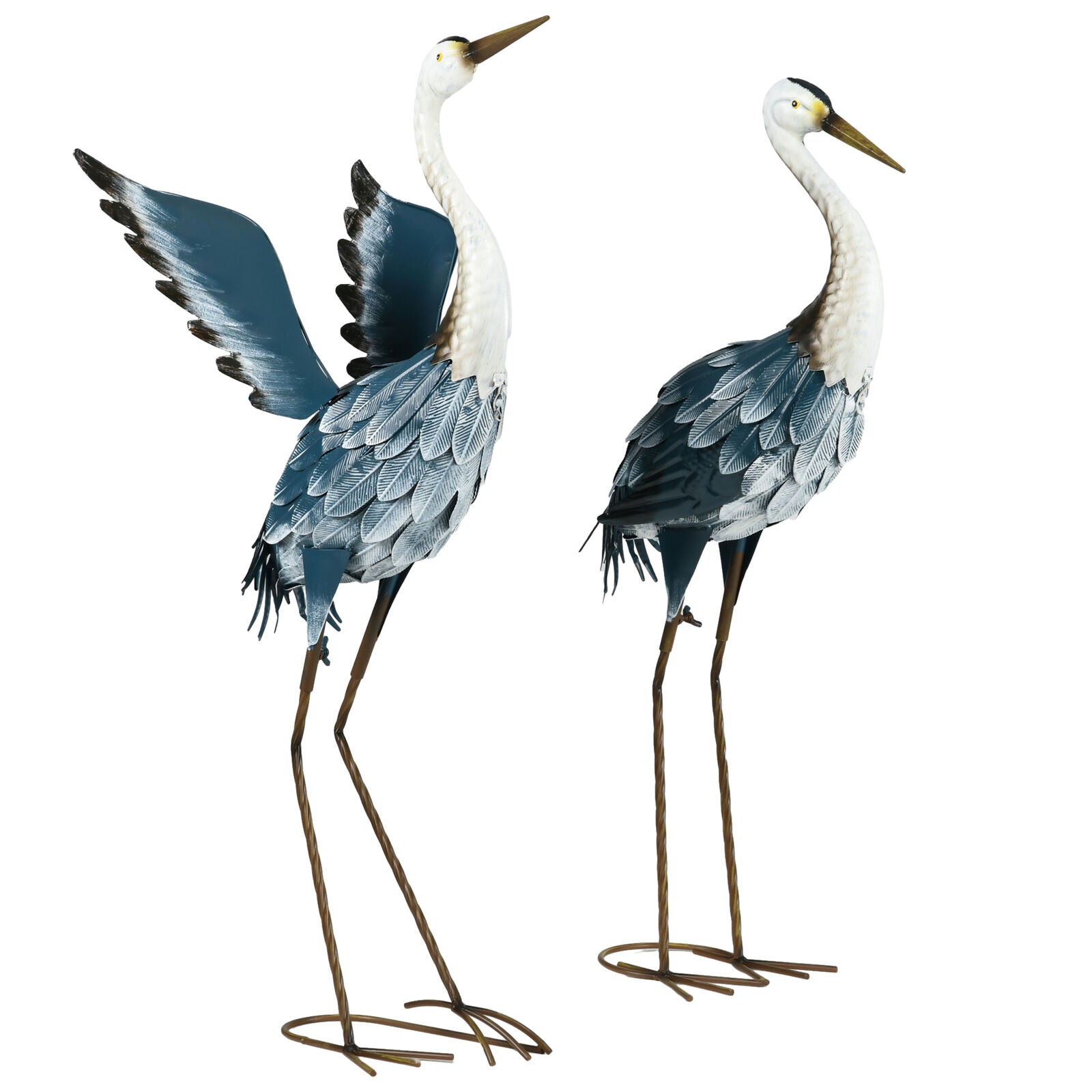 Blue Heron Garden Statues Set Metal Yard Bird Sculptures