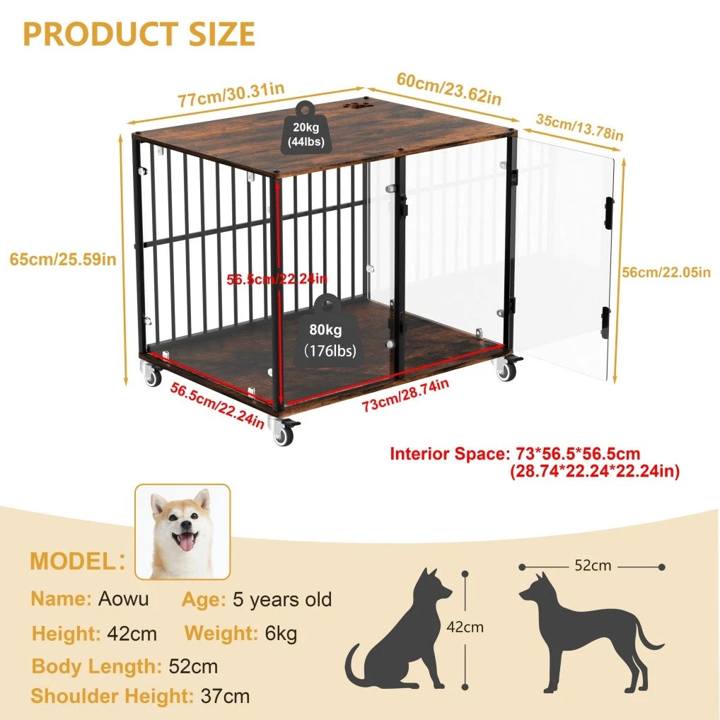 Tempered Glass Dog Crate Kennel with Wheels and End Table Top