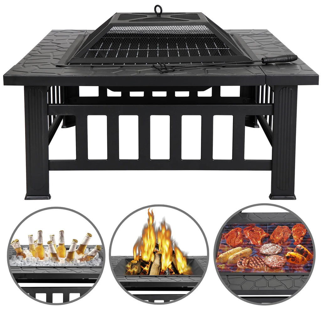 32" Square Black Metal Fire Pit Outdoor Stove