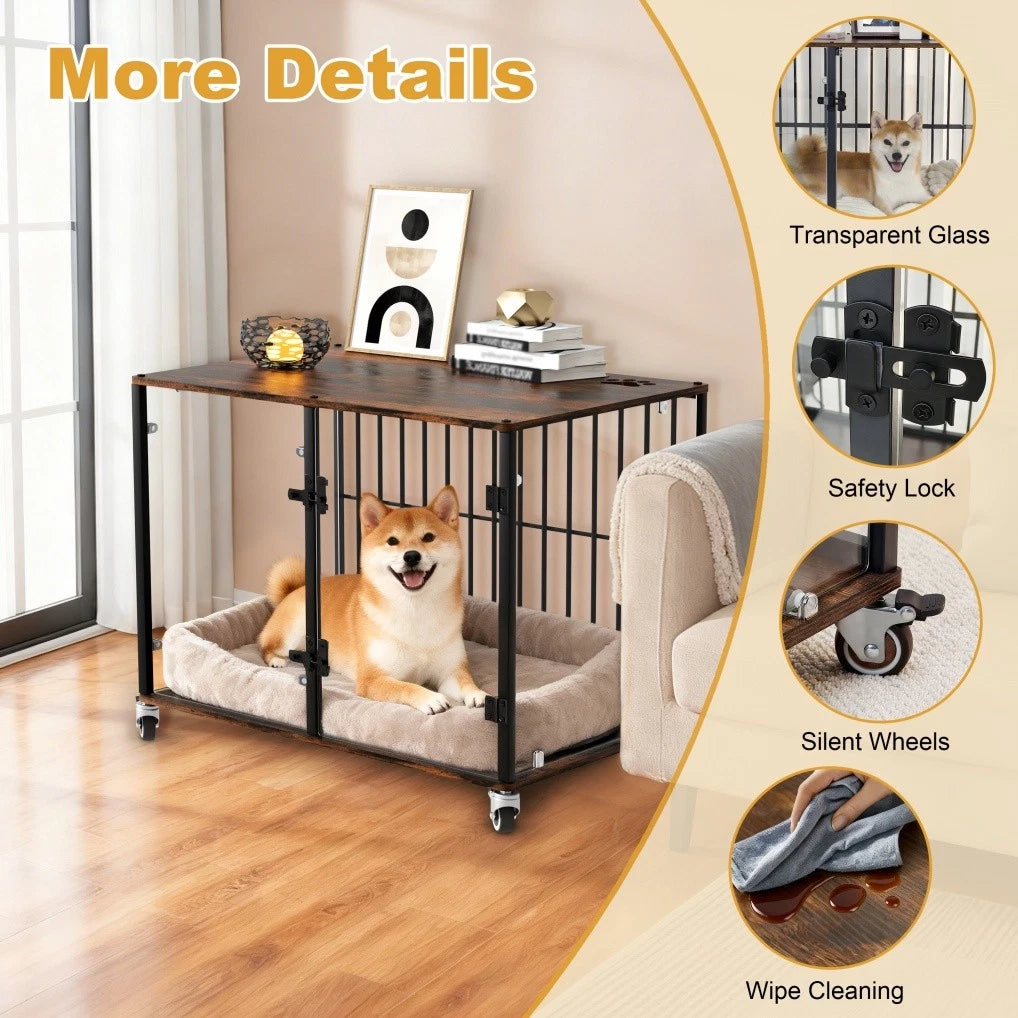 Tempered Glass Dog Crate Kennel with Wheels and End Table Top