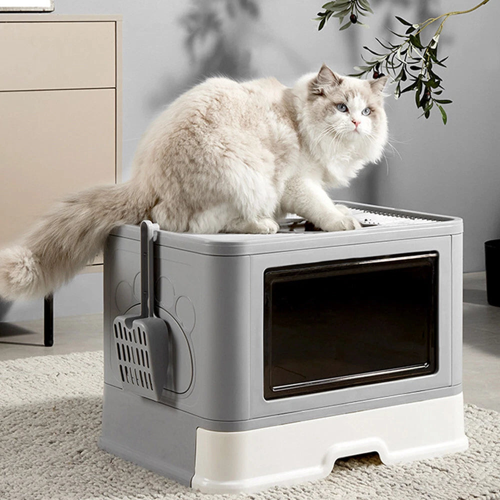 Extra Large Foldable Cat Litter Box with Drawer and Top Entry