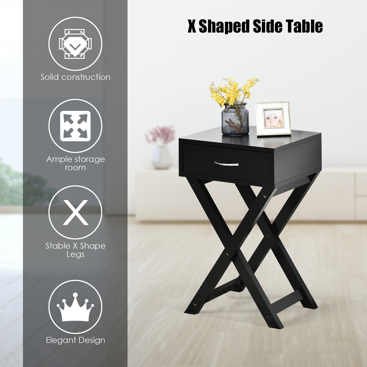 Black X-Shape Drawer Nightstand Home Furniture