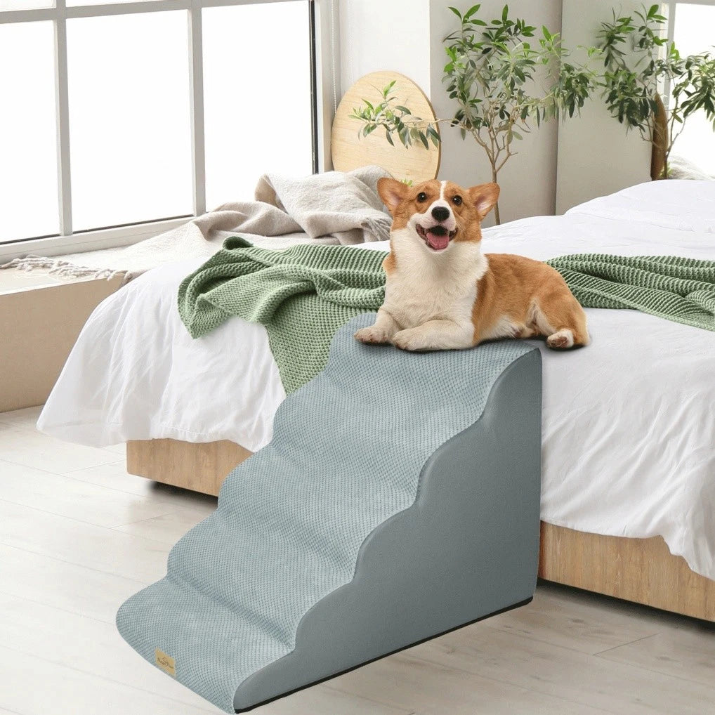 5-Step Curved Foam Dog Stairs Ramp for High Beds Sofas and Cats