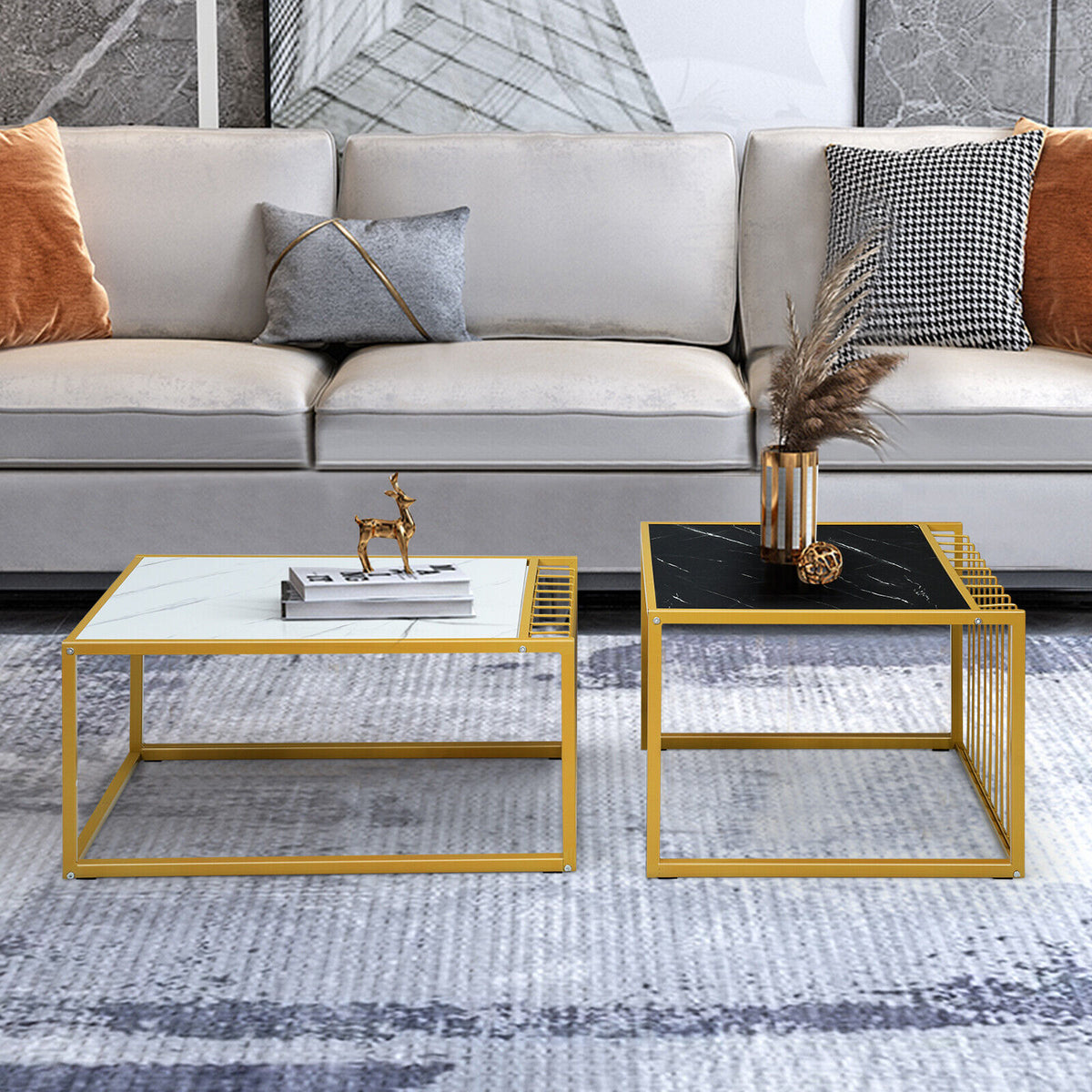 Marble-Top Nesting Coffee Table Set with Gold Metal Frame