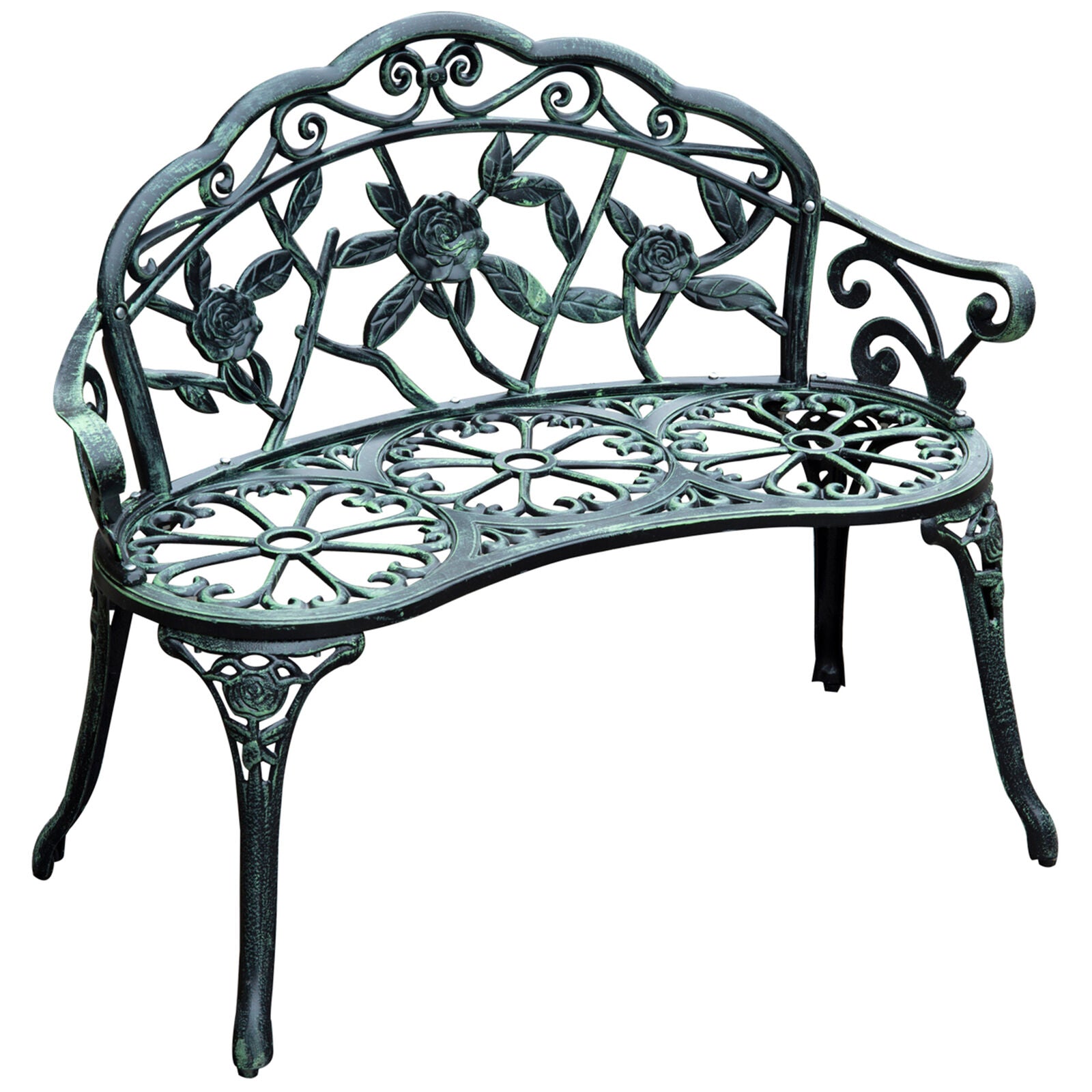 Cast Aluminum Outdoor Bench For Patio & Garden w/ Antique Rose Design