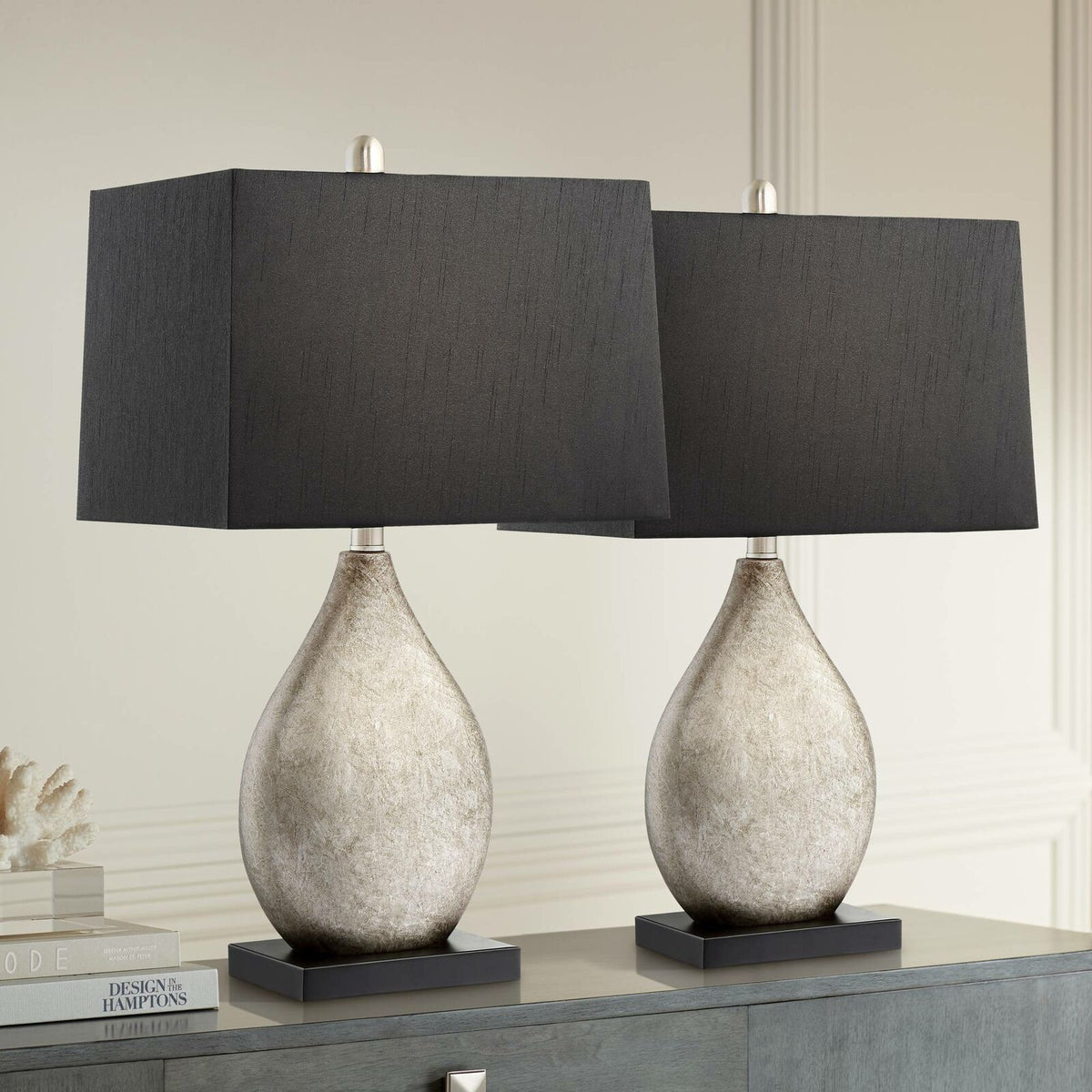 Modern Table Lamps Set with Black Rectangular Shades Art Deco Design