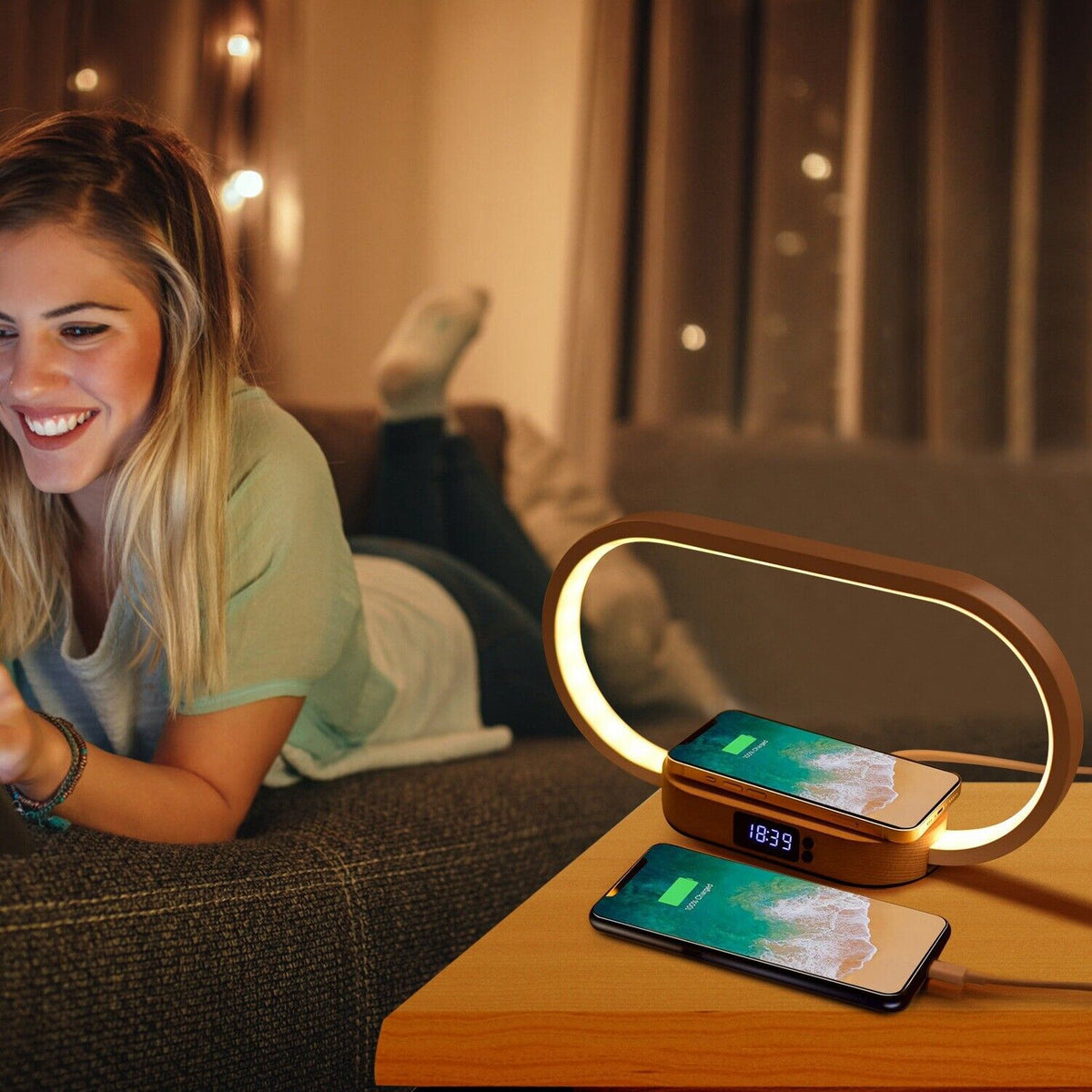 LED Bedside Lamp and Clock with USB Wireless Charger and Touch Control