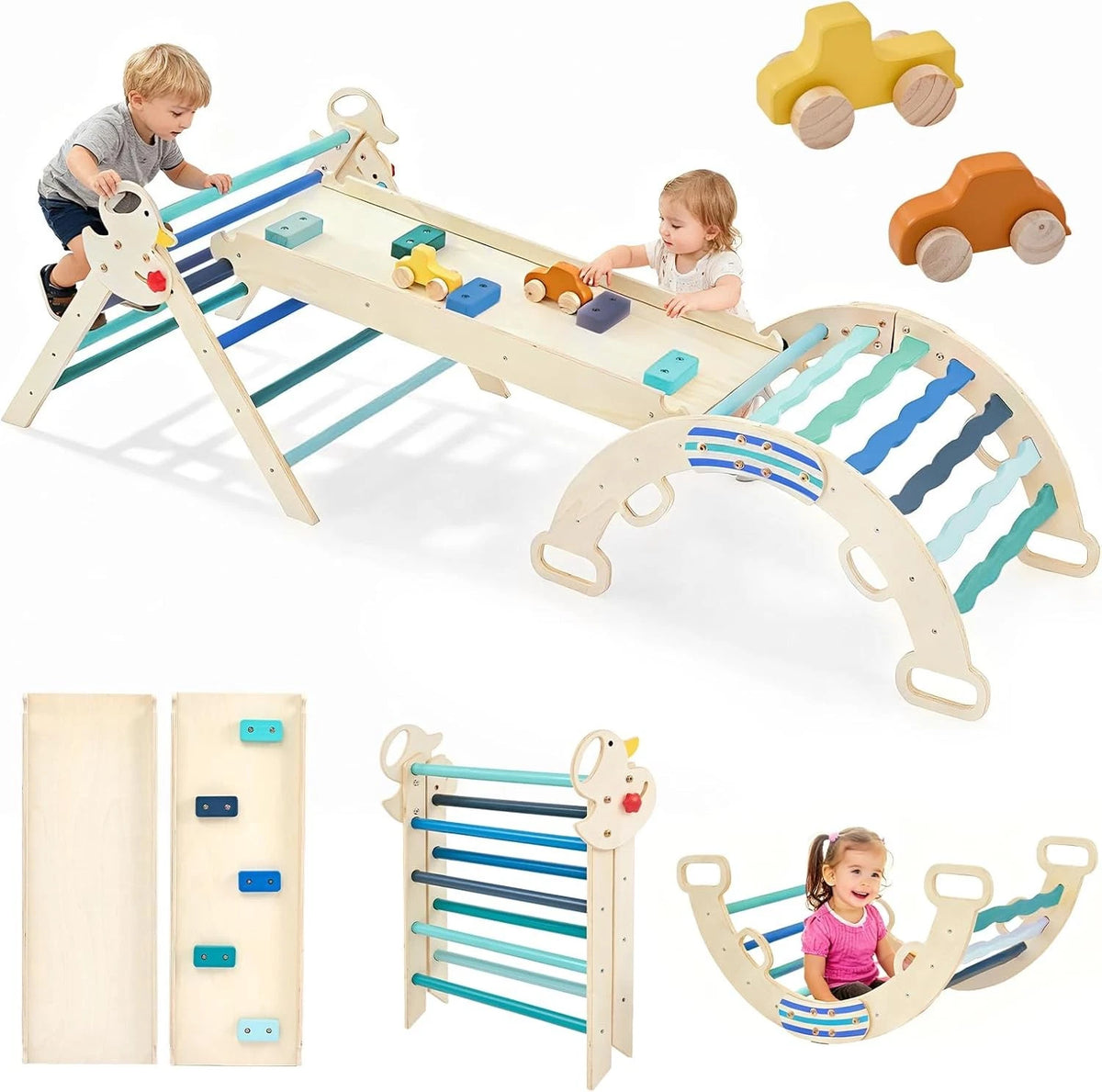 9-in-1 Wooden Pikler Triangle Toddler Climbing Set with Ramp