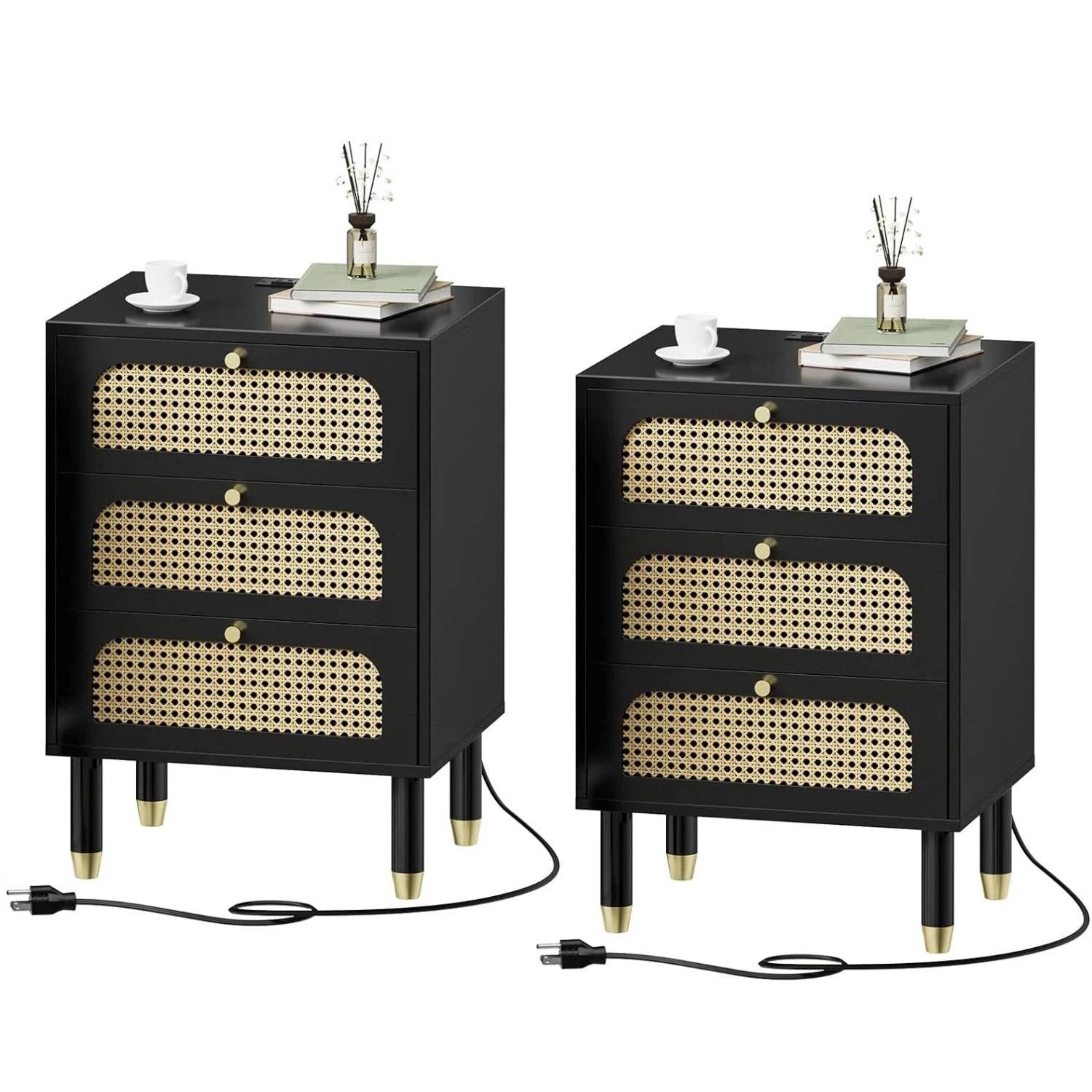 Set of 2 Black Rattan Nightstands with Charging Station 3 Drawers
