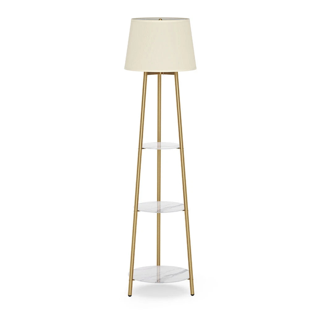 Gold Shelf Floor Lamp with Fabric Shade for Bedroom Living Room