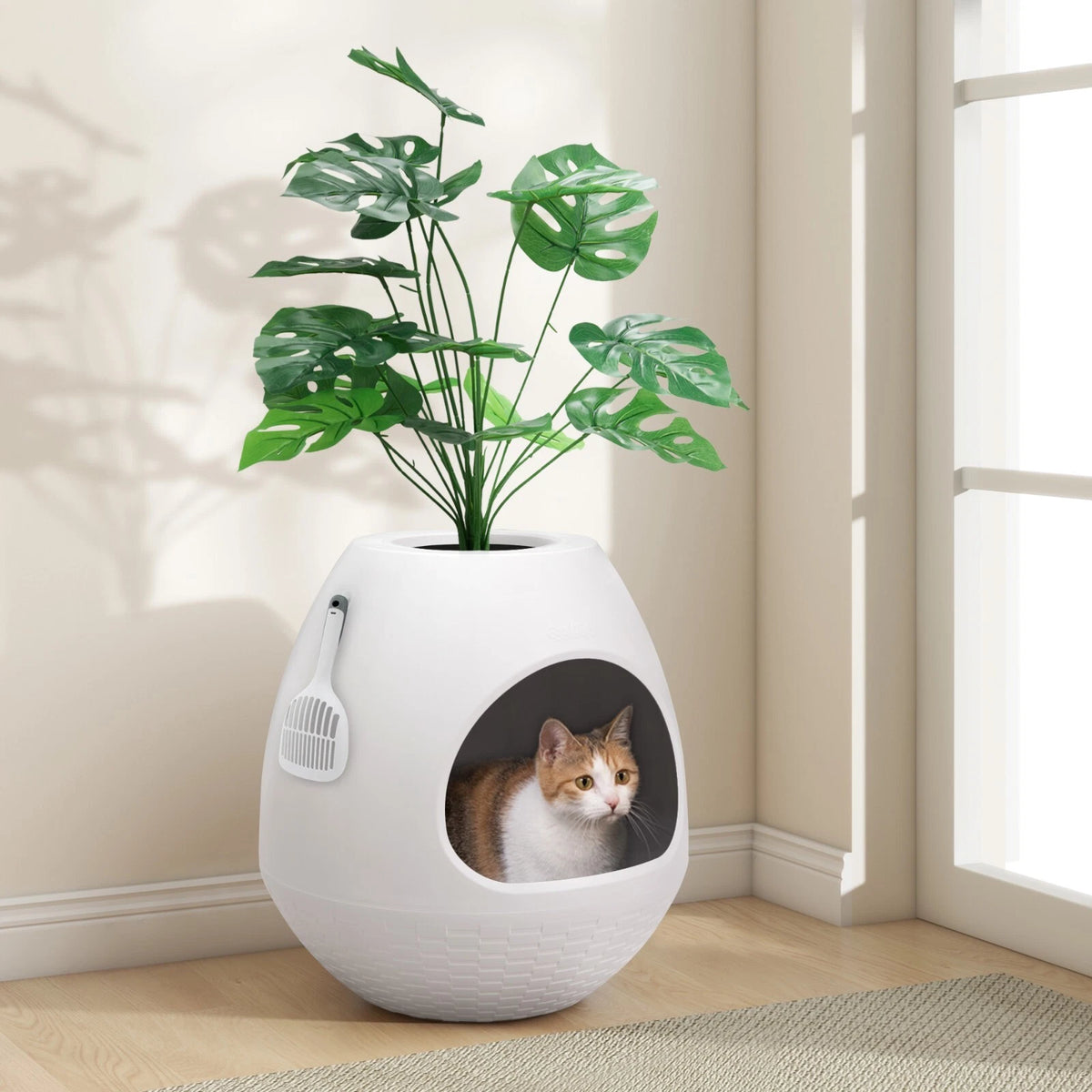 Hidden Plant Cat Litter Box with Scoop Liner and Artificial Leaf Decor