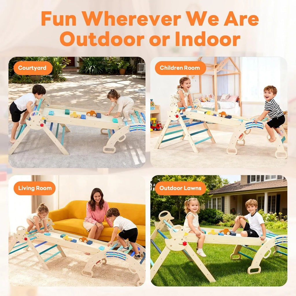 9-in-1 Wooden Pikler Triangle Toddler Climbing Set with Ramp