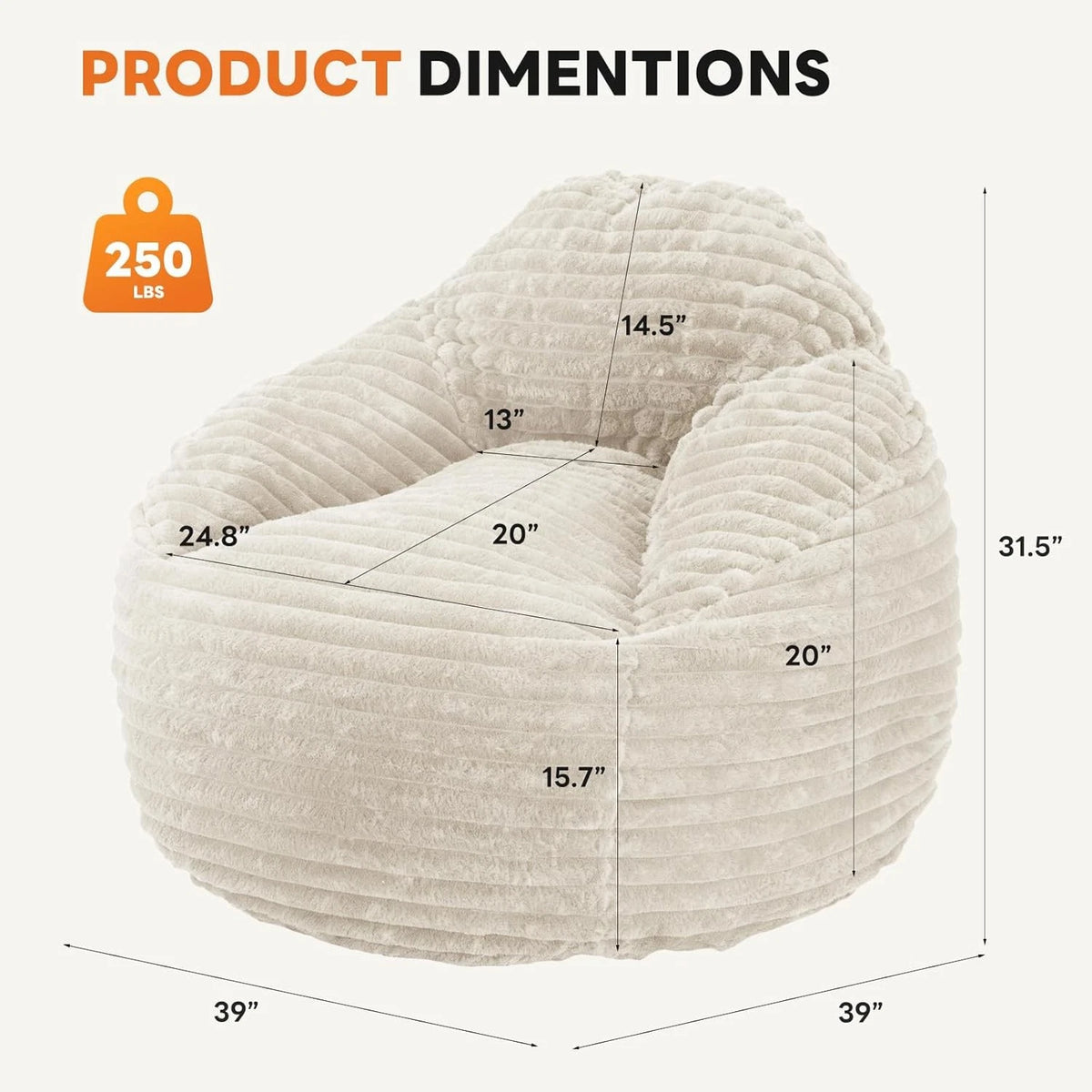 39in Foam Bean Bag Gaming Chair with Removable Washable Cover Beige