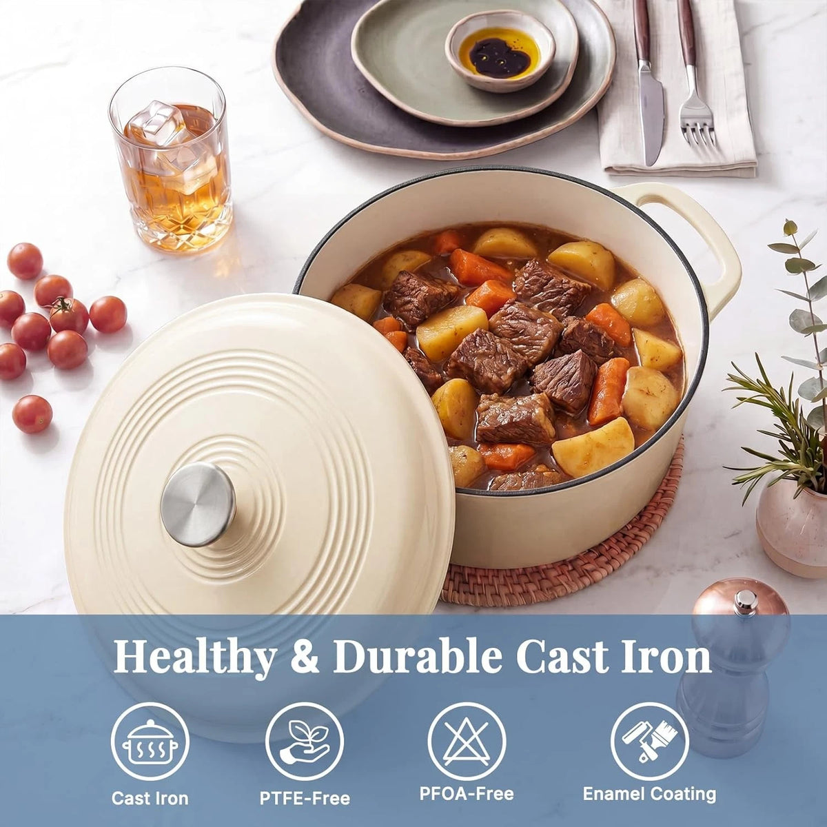 6 Qt Enameled Cast Iron Dutch Oven with Lid & Dual Handles Beige
