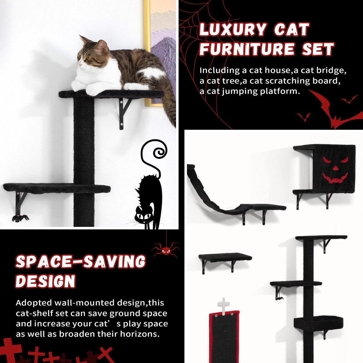 Gothic Cat Wall Shelves 5-Piece Climber Set Pet Furniture