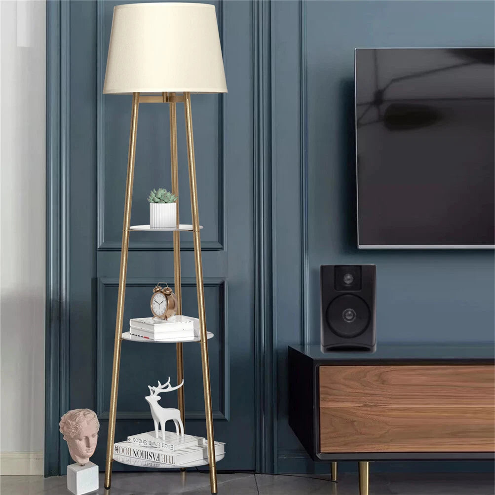 Gold Shelf Floor Lamp with Fabric Shade for Bedroom Living Room