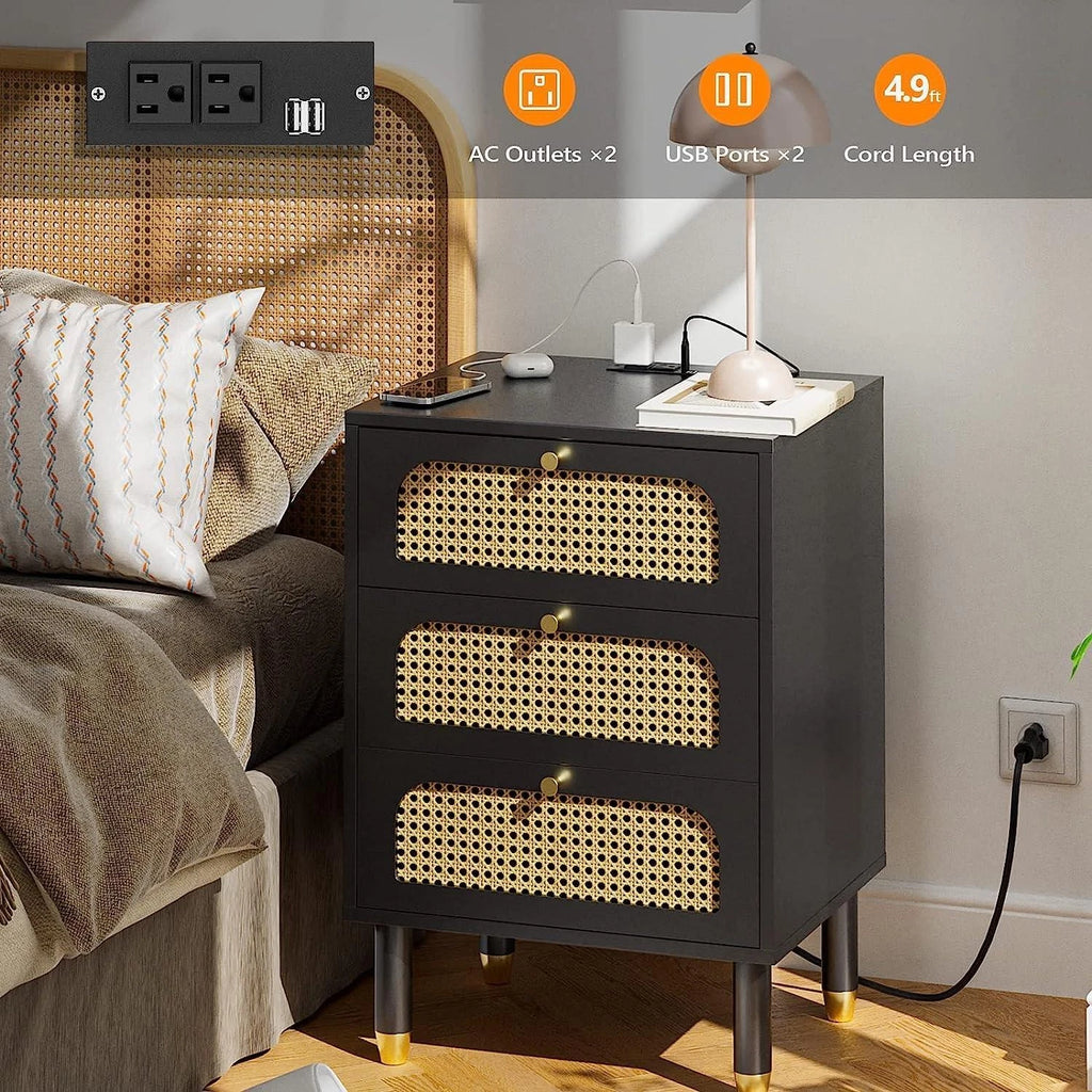 Set of 2 Black Rattan Nightstands with Charging Station 3 Drawers