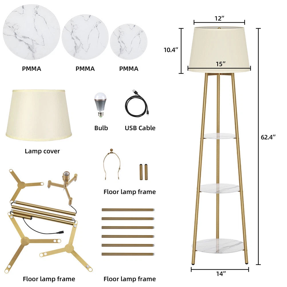 Gold Shelf Floor Lamp with Fabric Shade for Bedroom Living Room