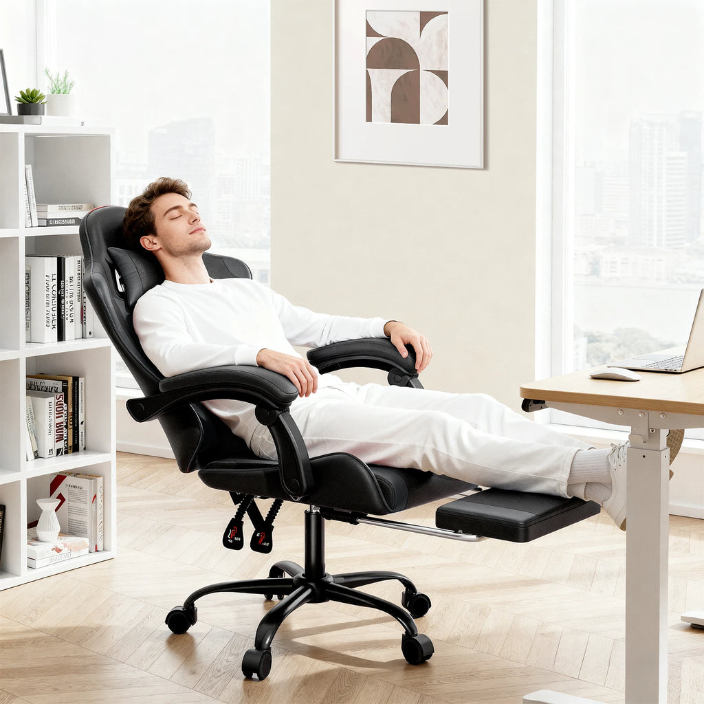 Ergonomic Gaming Chair with Footrest Recliner and Lumbar Support Black
