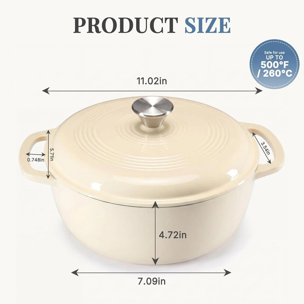 6 Qt Enameled Cast Iron Dutch Oven with Lid & Dual Handles Beige
