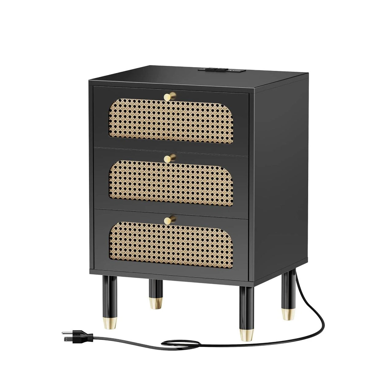 Set of 2 Black Rattan Nightstands with Charging Station 3 Drawers
