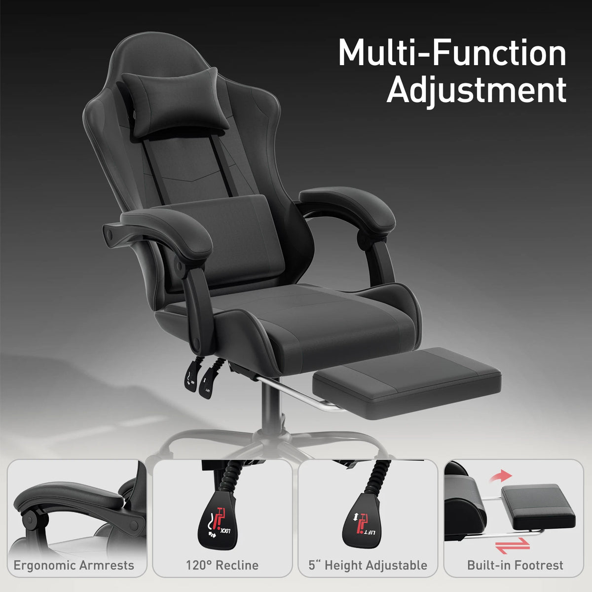 Ergonomic Gaming Chair with Footrest Recliner and Lumbar Support Black