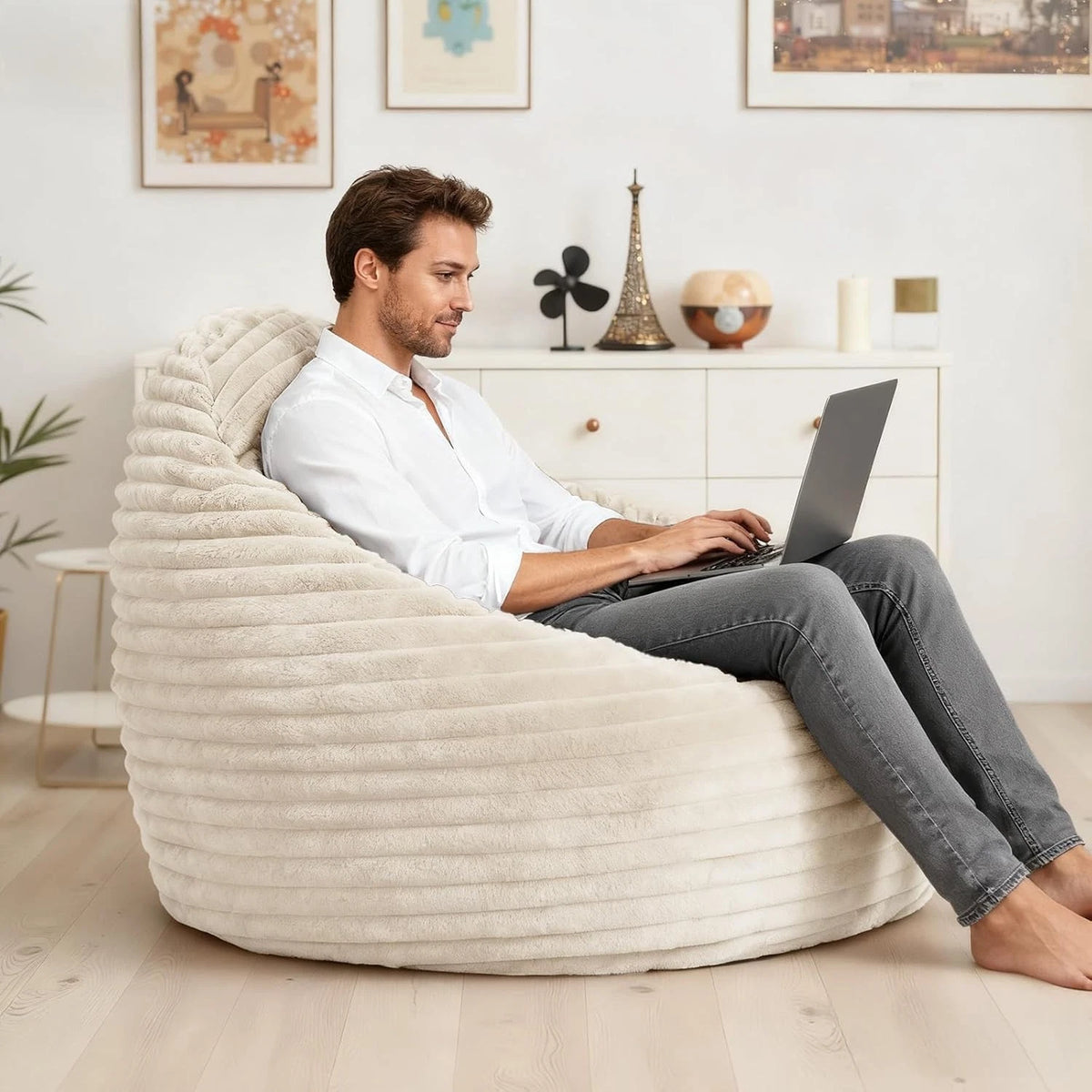 39in Foam Bean Bag Gaming Chair with Removable Washable Cover Beige