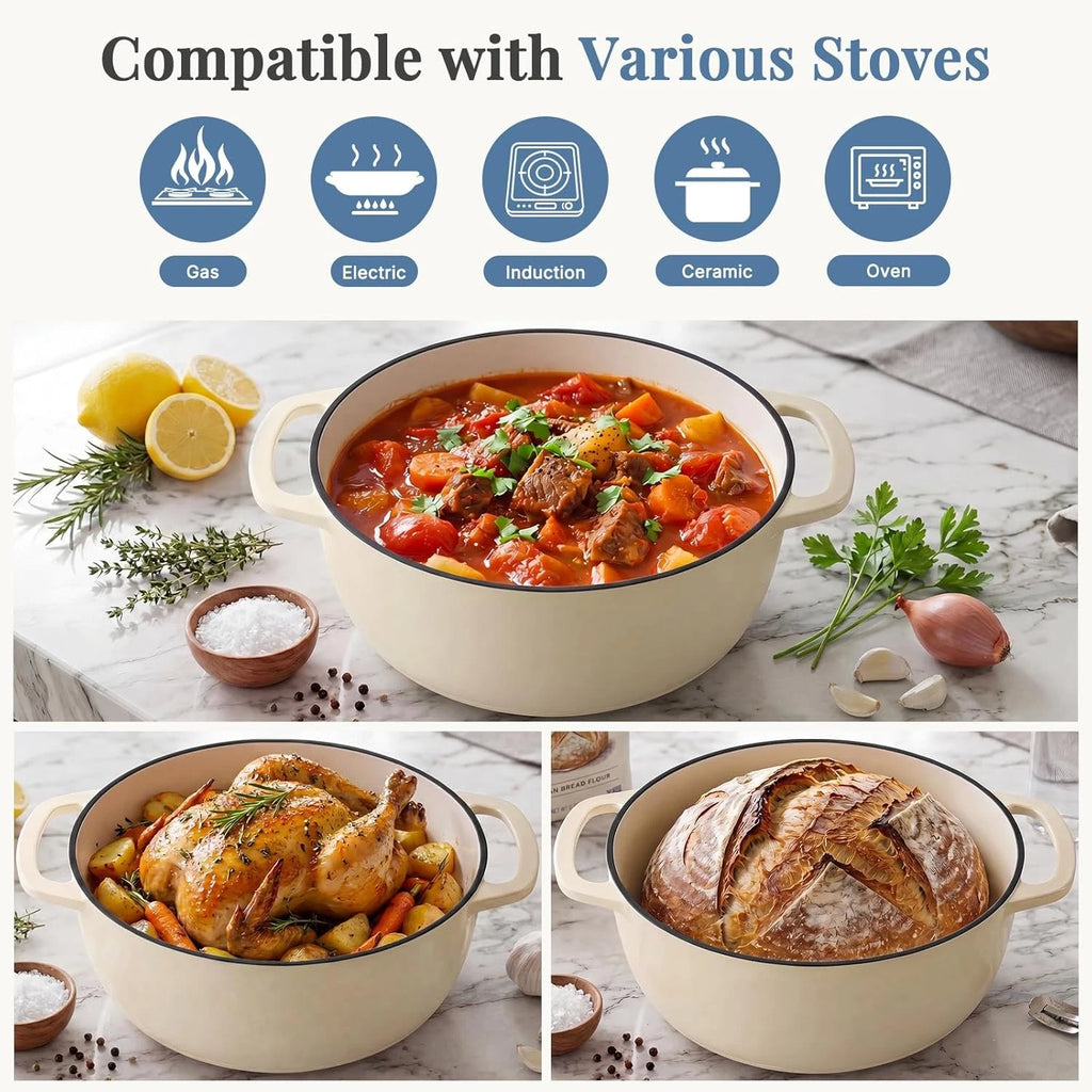 6 Qt Enameled Cast Iron Dutch Oven with Lid & Dual Handles Beige