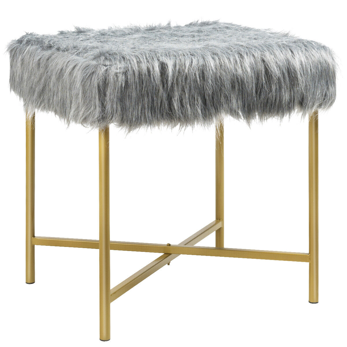 Grey Faux Fur Ottoman Footrest Stool with Gold Metal Legs