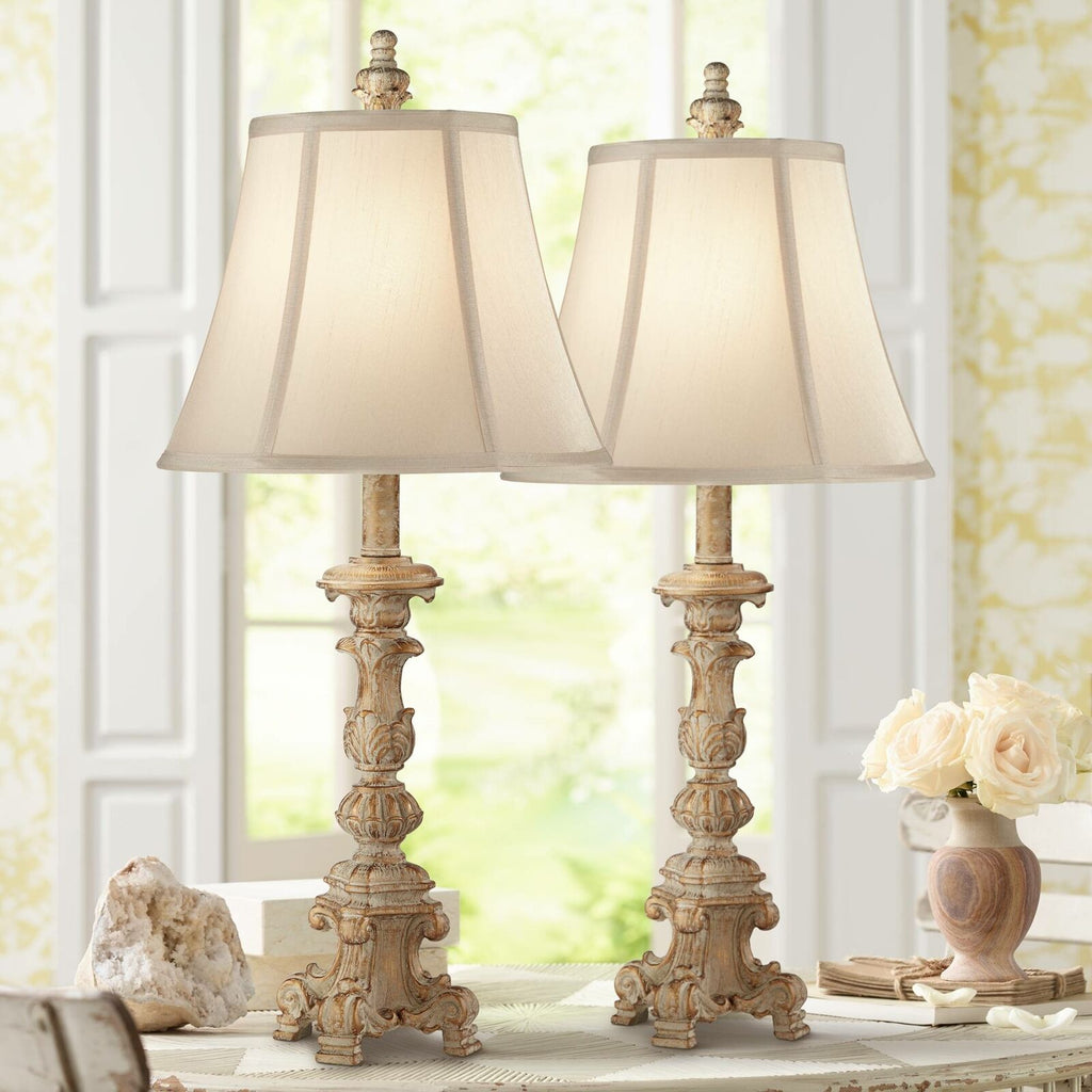 Set of 2 Wooden Candlestick Lamps Whitewash Living Room Lighting