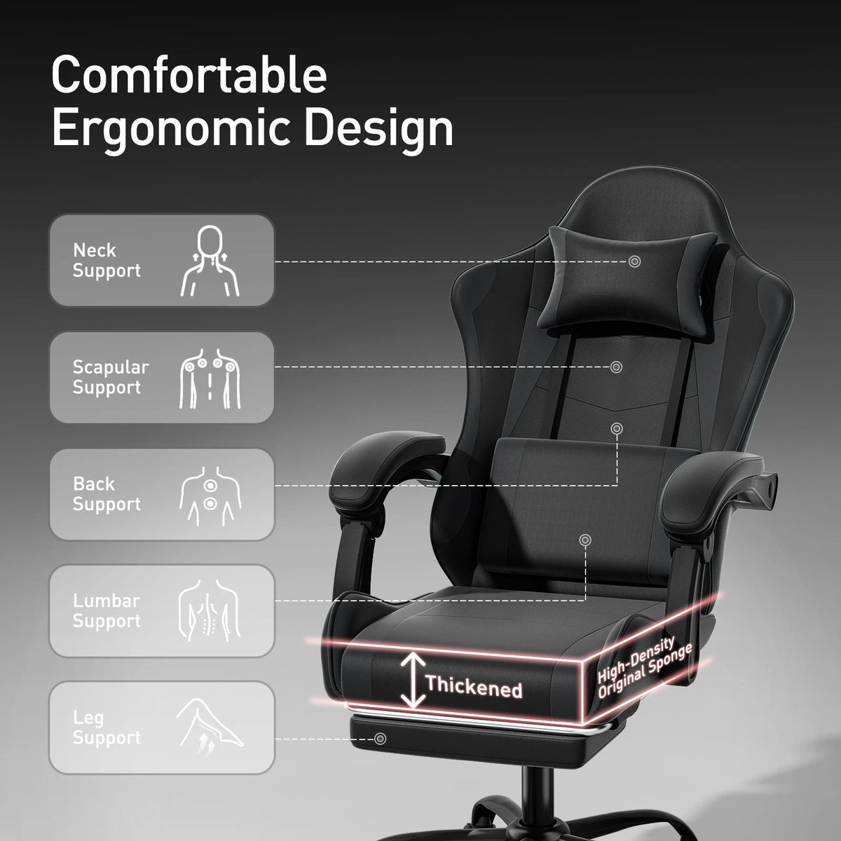 Ergonomic Gaming Chair with Footrest Recliner and Lumbar Support Black