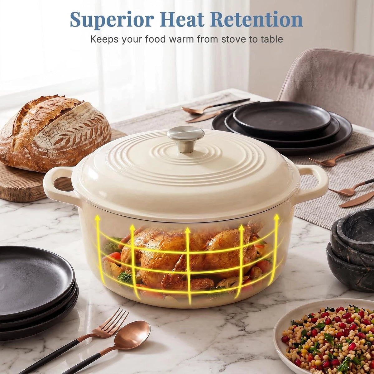 6 Qt Enameled Cast Iron Dutch Oven with Lid & Dual Handles Beige