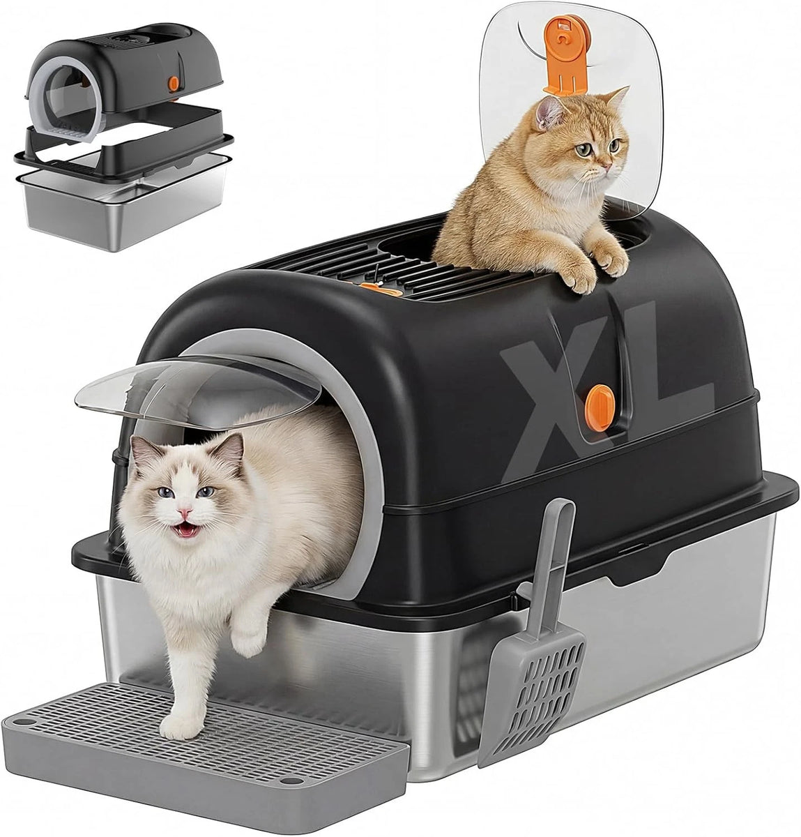 Extra Large Stainless Steel Cat Litter Box Lid Scoop Dual Entry Design