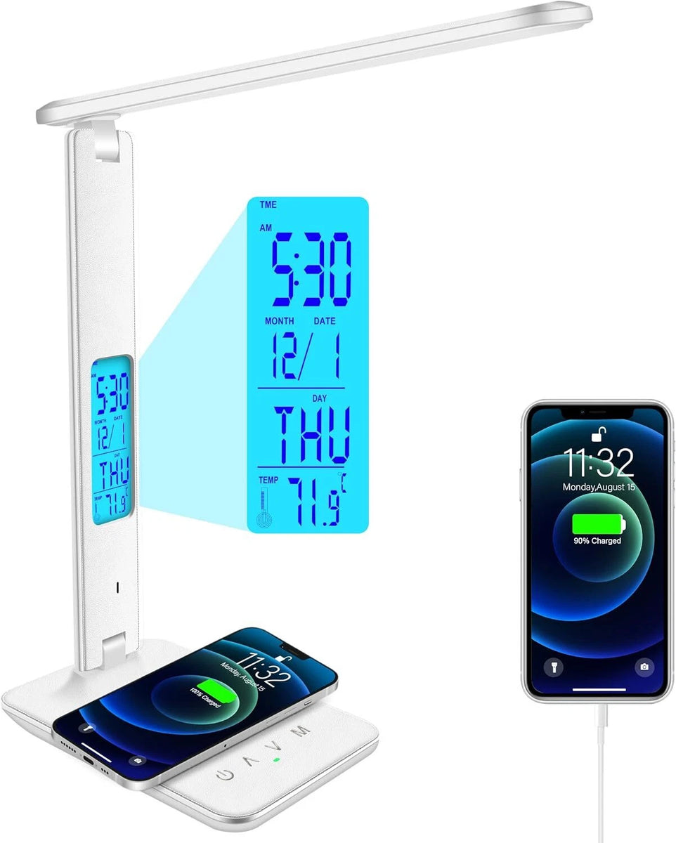 LED Desk Lamp Wireless Charger USB Port Touch Dimming Clock Set