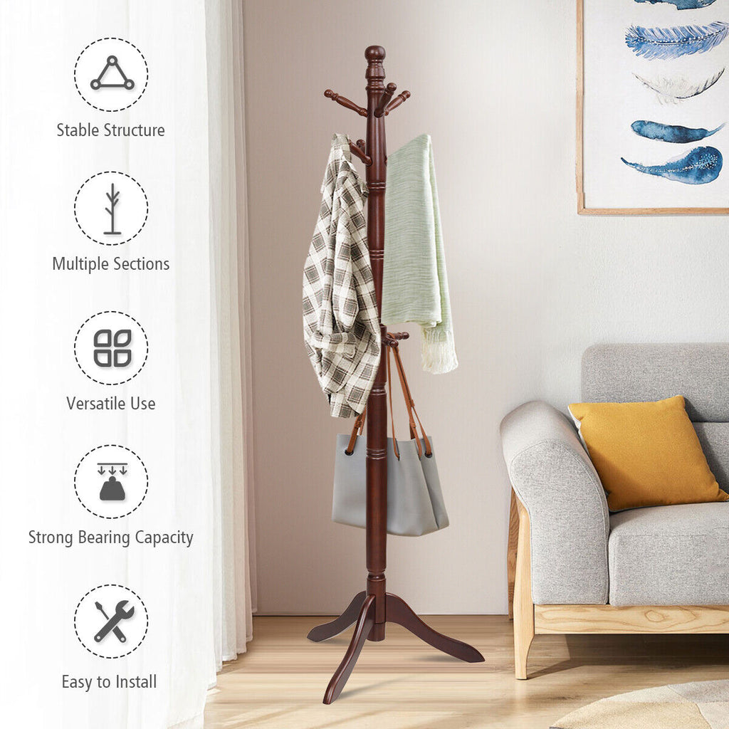 Wooden Hall Tree Coat Rack 2 Adjustable Heights and 9 Hooks