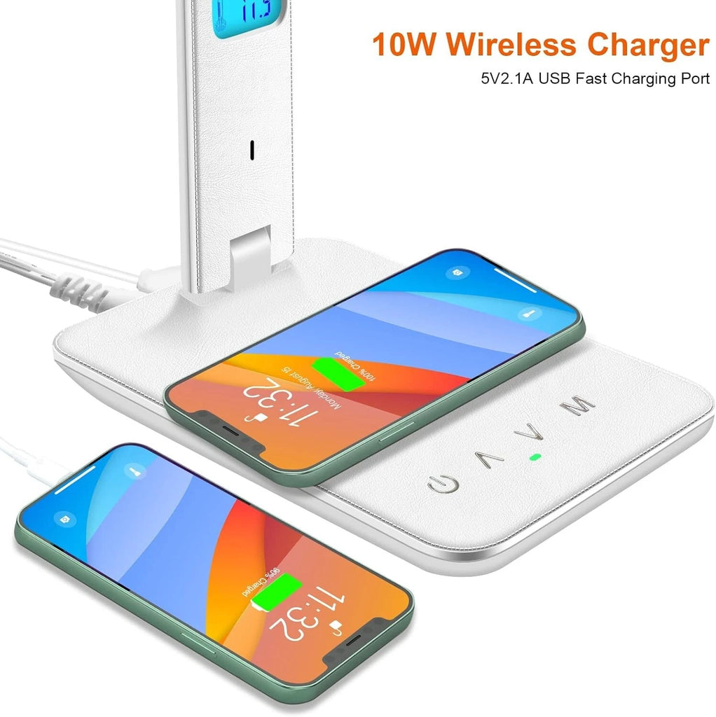 LED Desk Lamp Wireless Charger USB Port Touch Dimming Clock Set