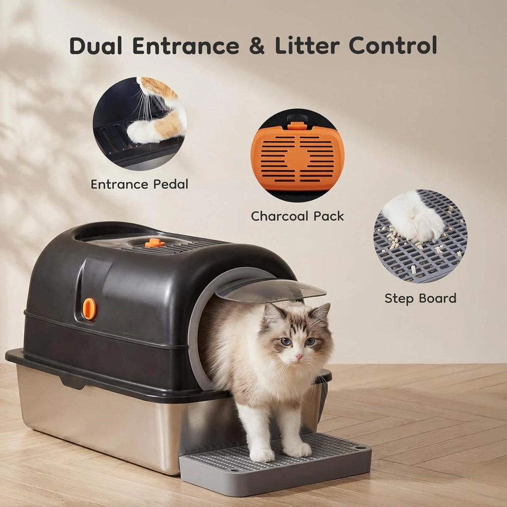 Extra Large Stainless Steel Cat Litter Box Lid Scoop Dual Entry Design