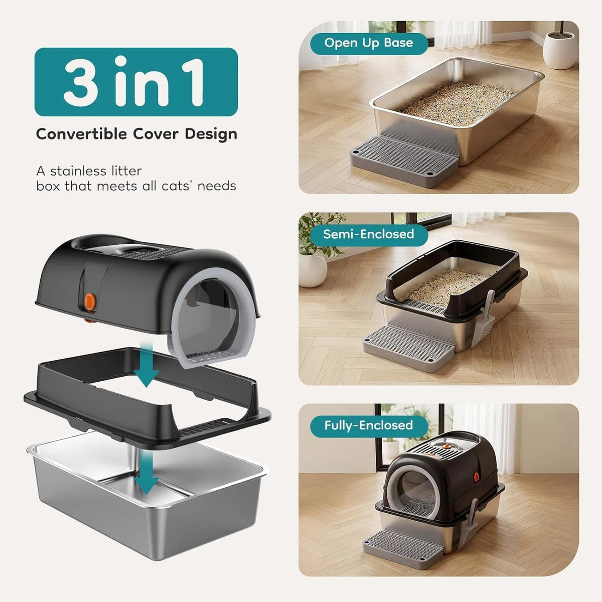 Extra Large Stainless Steel Cat Litter Box Lid Scoop Dual Entry Design