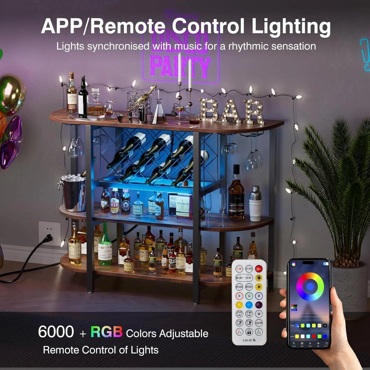 47in LED Bar Cabinet with Charging Station & Wine Storage