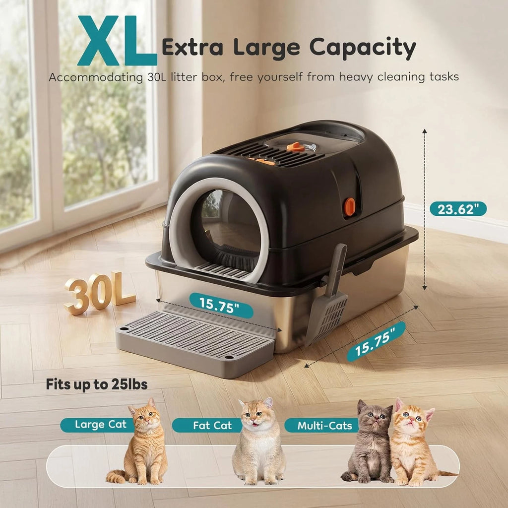 Extra Large Stainless Steel Cat Litter Box Lid Scoop Dual Entry Design