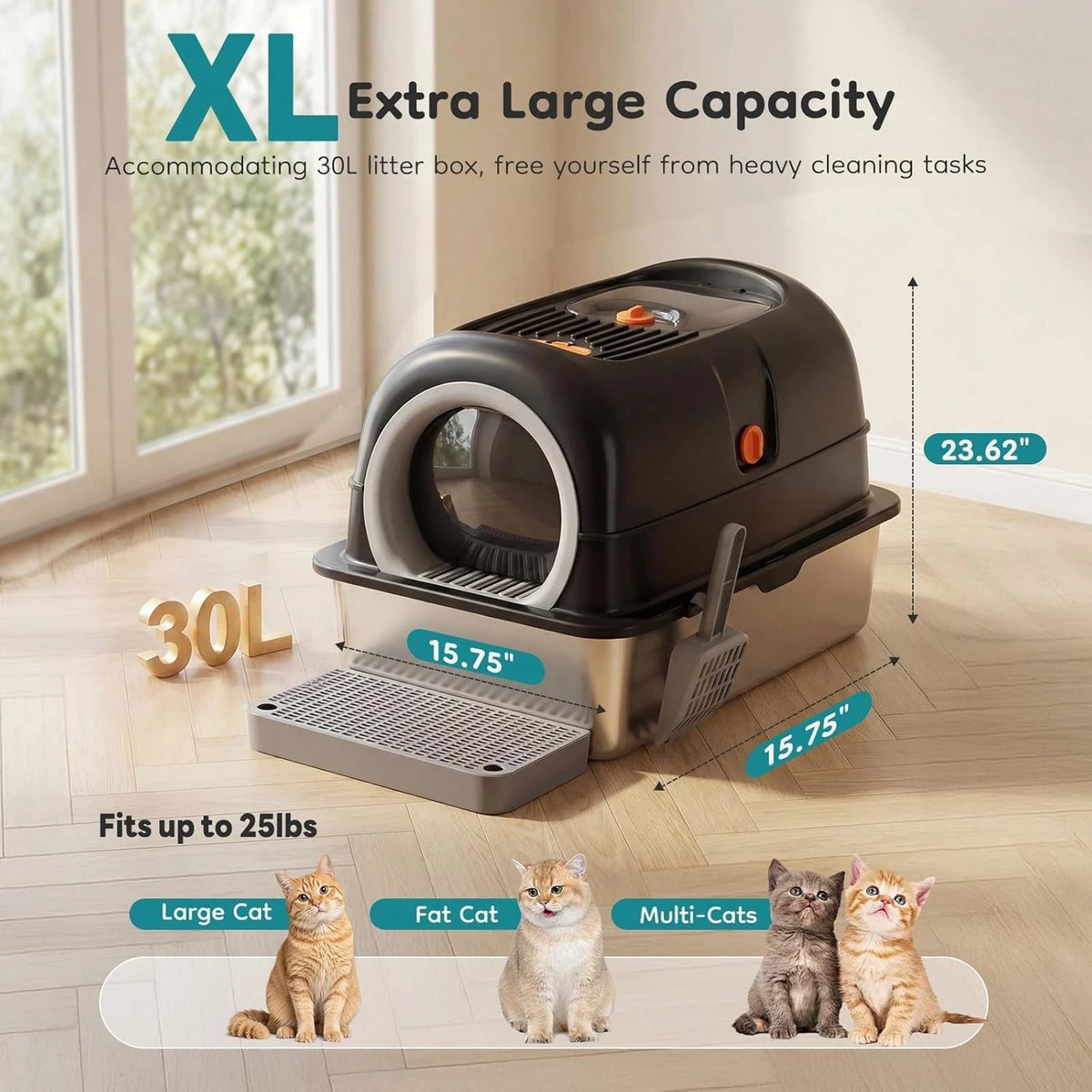 Extra Large Stainless Steel Cat Litter Box Lid Scoop Dual Entry Design