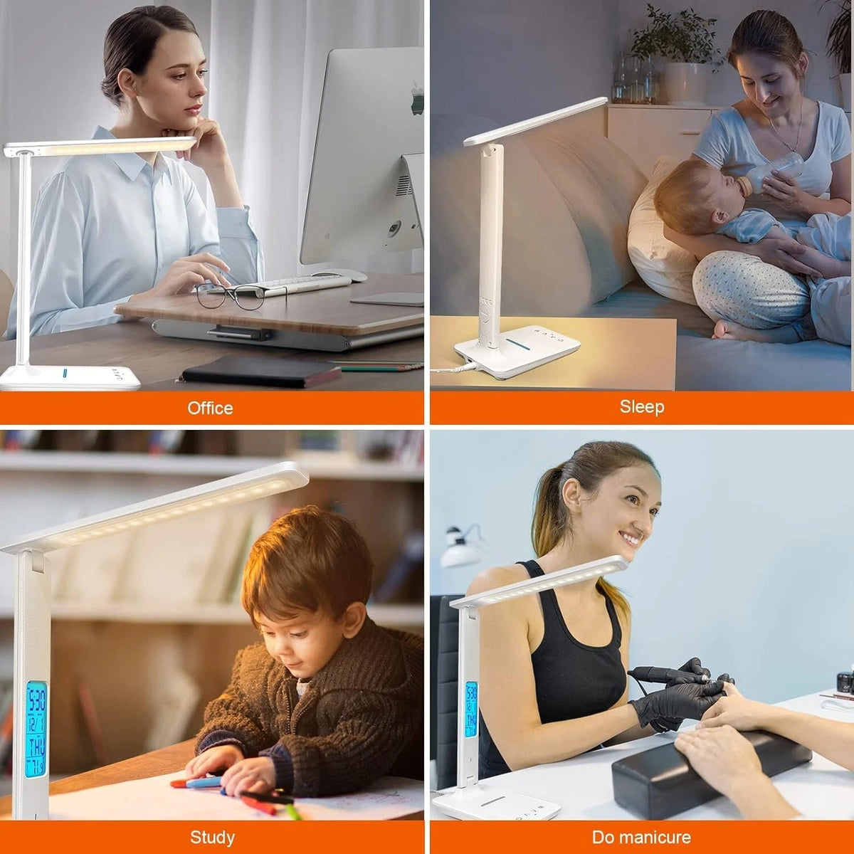 LED Desk Lamp Wireless Charger USB Port Touch Dimming Clock Set