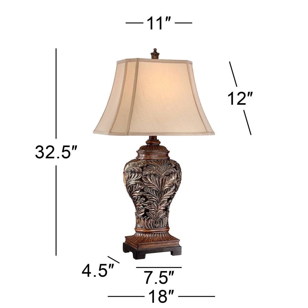 Rectangular Shade Table Lamp w/ Traditional Carved Leaves Vase Design