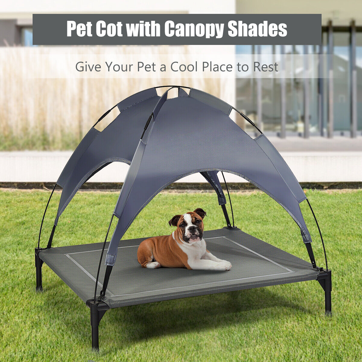Elevated Dog Cot Portable Outdoor Cooling Pet Bed With Canopy Shade