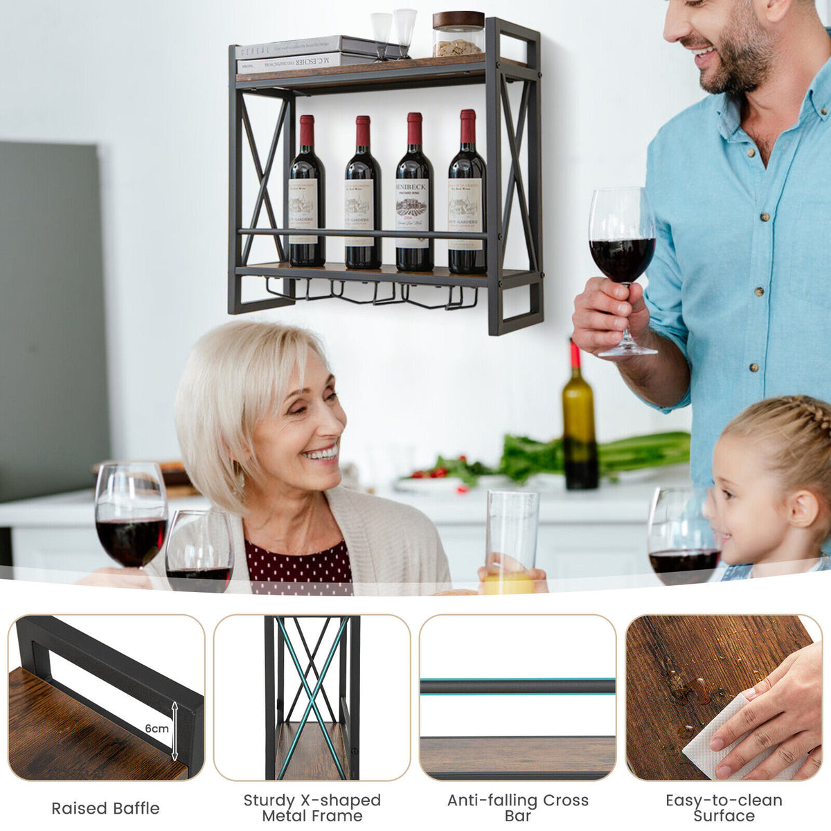 2-Tier Wall Mounted Wine Rack and Glass Holder Industrial Design
